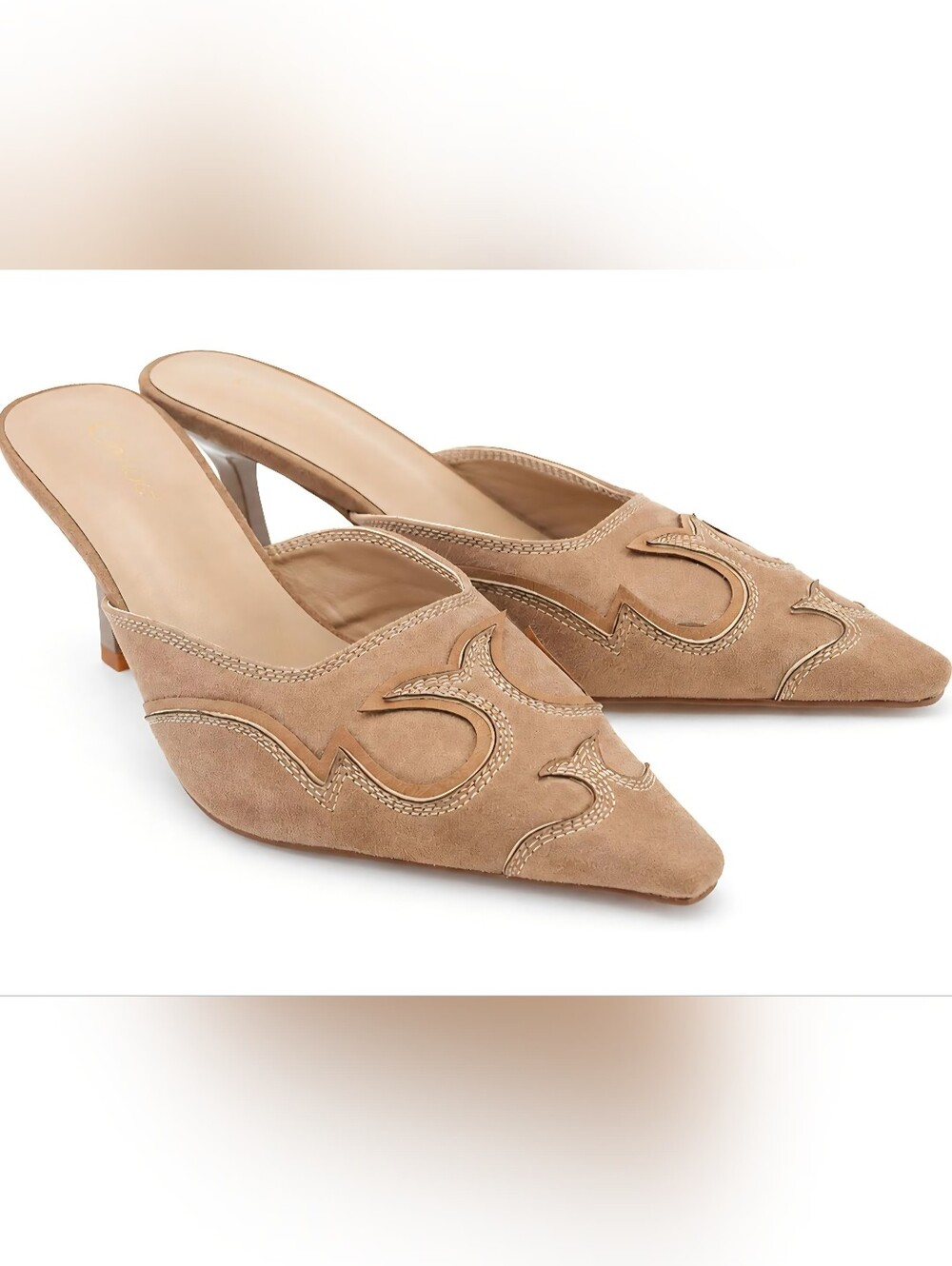 NIB Western Suede Pointed Toe Kitten Heel Mules Tan Size 9